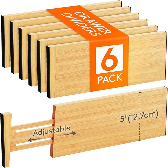 Lifewit 5" High 6 Pack Bamboo Drawer Dividers 33-42cm/13-16.5" Adjustable Wooden Drawer Organizer for Clothes/Utensils, Expan