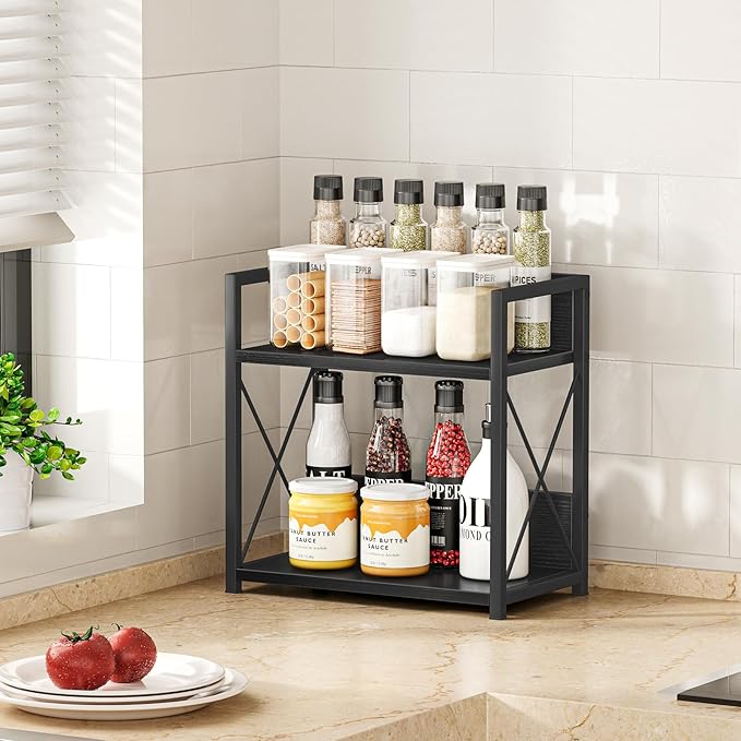Giikin Countertop Organizer, 2 Tier Coffee Station Organizer for Desktop, Wood Counter Shelf Spice Rack for Kitchen (Black, M