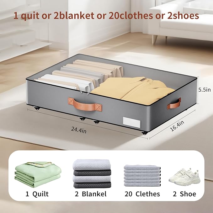 Under bed Storage With Wheels,Low profile 5.5 inches Height Storage Bins,Rolling Under bed Shoe Storage Containers,Under bed 