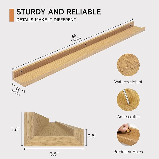 Fun Memories Picture Ledge Shelf for Wall, Floating Shelves Set of 4, 36 Inch Long Nursery Book Shelves for Toys Storage, Kid