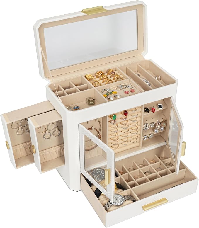 11" Large Jewelry Box White Woven PU Leather Storage Case Holds 100+ Pieces, Jewelry Case with Metal Handles for Necklaces, R