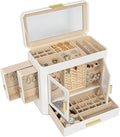 11" Large Jewelry Box White Woven PU Leather Storage Case Holds 100+ Pieces, Jewelry Case with Metal Handles for Necklaces, R