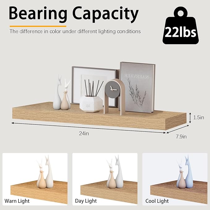 INHABIT UNION Oak Floating Shelves for Wall，24in Wall Mounted Display Ledge Shelves Perfect for Bedroom, Bathroom, Living Roo
