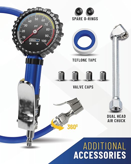 Tire Inflator with Pressure Gauge and Longer Hose - Most Accurate, Heavy Duty Air Chuck with Gauge for Air Compressor Tire Inflator Attachment - 100PSI