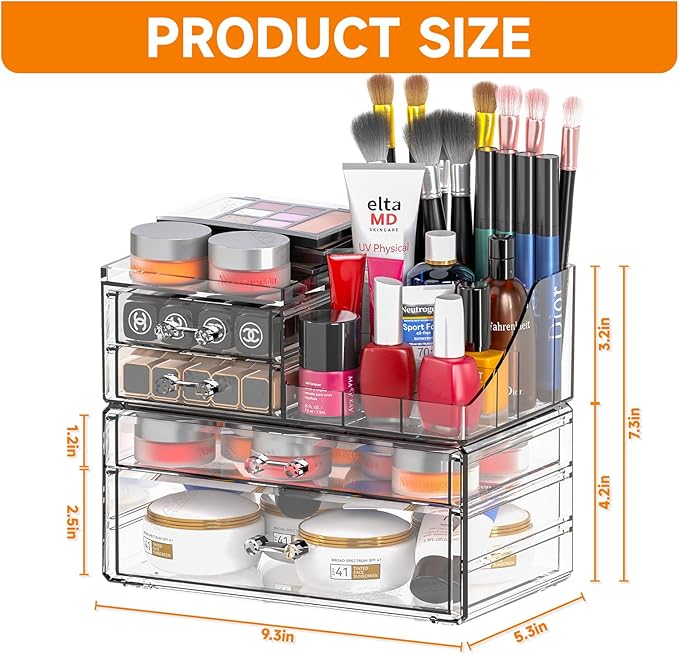 Small Make up Organizers and Storage with 4 Drawers,Clear Skincare Organizers,Cosmetic Storage for Dresser Top Organizer,Bath
