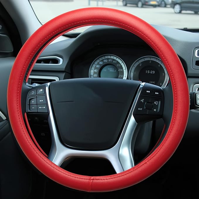 Evankin Red Leather Steering Wheel Cover, Comfortable and Soft Solid Color Universal Steering Wheel Cover 15 inch, Suitable f
