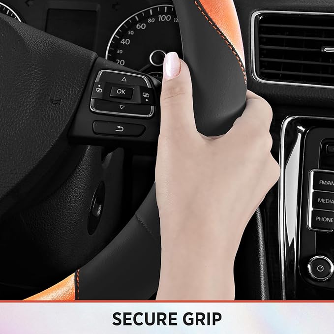 Road Comforts Steering Wheel Cover – Breathable Leather Steering Wheel Cover, Anti-Slip Grip, Universal Fit 14.5” to 15”, Hea