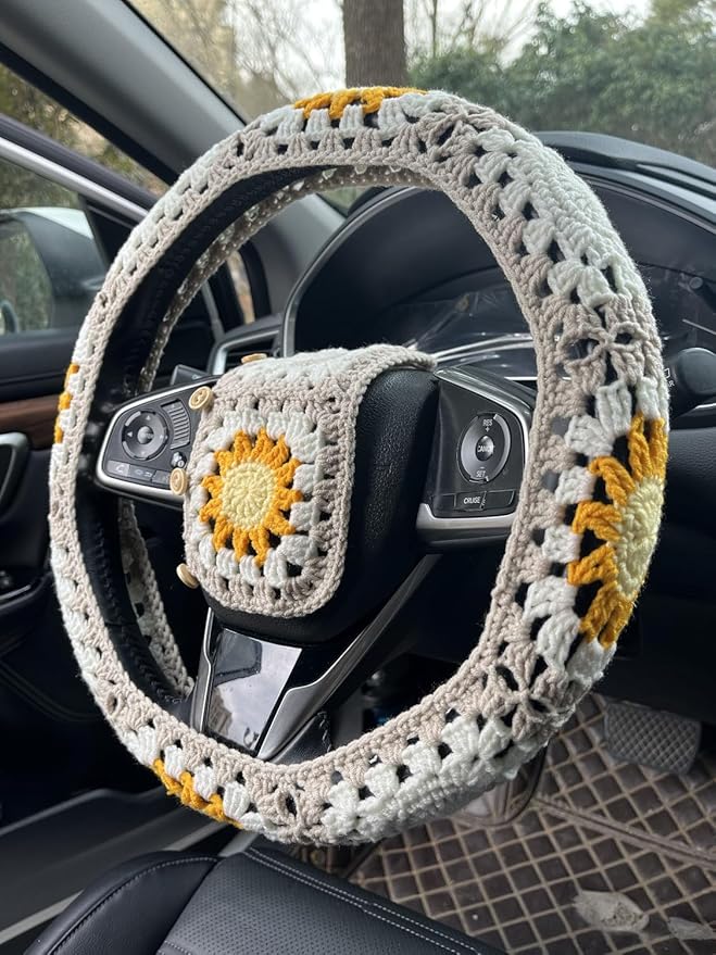 Handmade Crochet Sun Moon Car Steering Wheel Covers Universal 14-15 inch,Cute Steering Wheel Cover,Car Accessories (Steering Wheel Cover+2 Belt Cover)