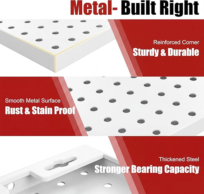 4 Pack Metal Pegboard Panels with 50 Hooks, White Pegboard Wall Organizer, Pegboard Accessories, Heavy Duty Garage Tool Stora