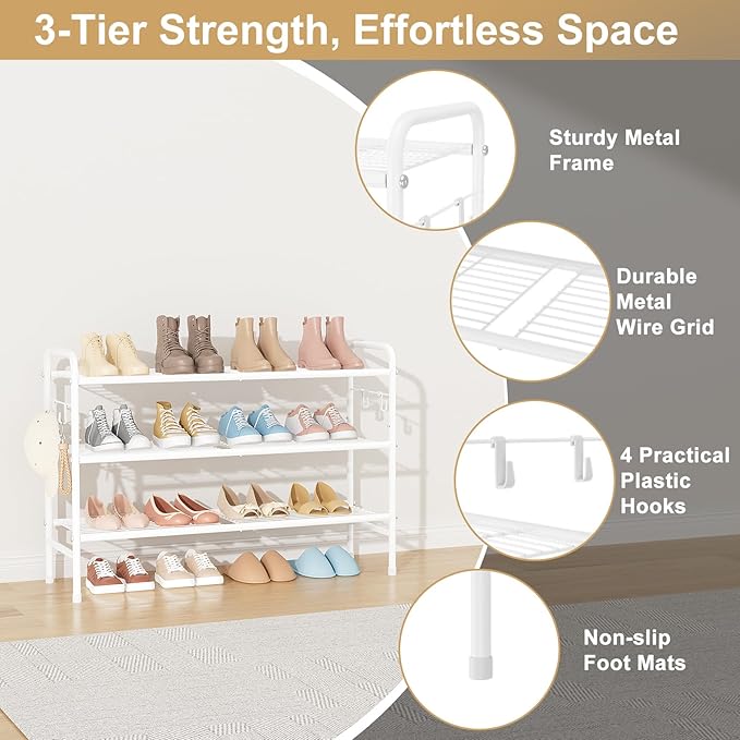 VILICK 3 Tier Shoe Rack 33" Wide Metal Shoe Organizer Long Shoe Storage with 4 Side Hooks Sturdy Shoes Shelf for Front Door E