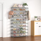 LANTEFUL 10 Tiers Shoe Rack 50 Pairs Large Capacity Tall Shoe Organizer Sturdy Shoe Storage with Two Hooks Space Saving Metal