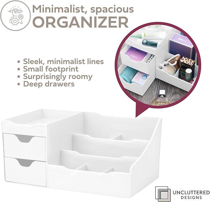 Uncluttered Designs Large Makeup Organizer for Vanity - Countertop Desk With Drawers for Cosmetic, Beauty, Hair, Nail, Perfum