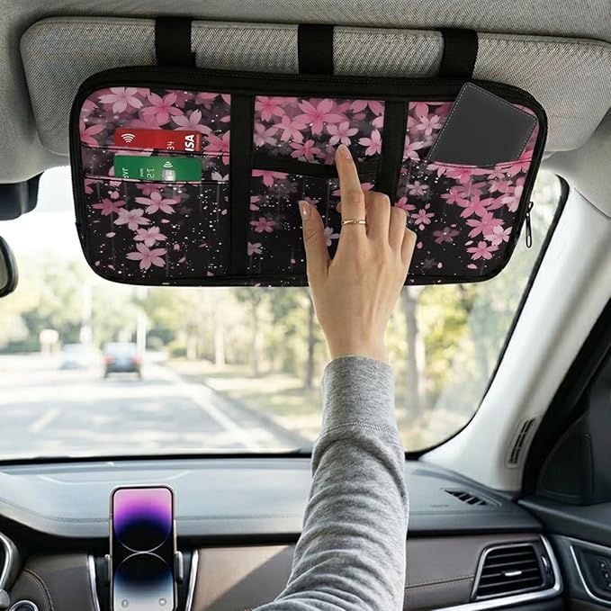 Car Sun Visor Organizer,Cherry Blossom Theme Card Sleeve Pocket with Double Zippers Adjustable Straps Auto Interior Accessories for SUV Truck Pickup