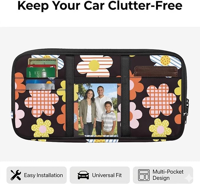 Car Sun Visor Organizer,Hippie Flower Theme Truck Visor Organizer Elastic Bands Organizes Essentials for Cards, Pens and Document