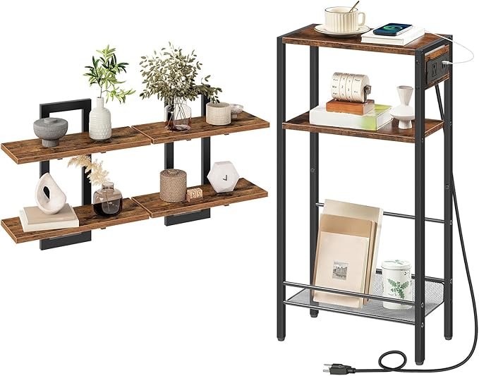 HOOBRO Floating Shelves and Console Table Bundle, Wall Mounted Storage Shelves 2-Tier, 15.7" Narrow Entryway Table with Charg