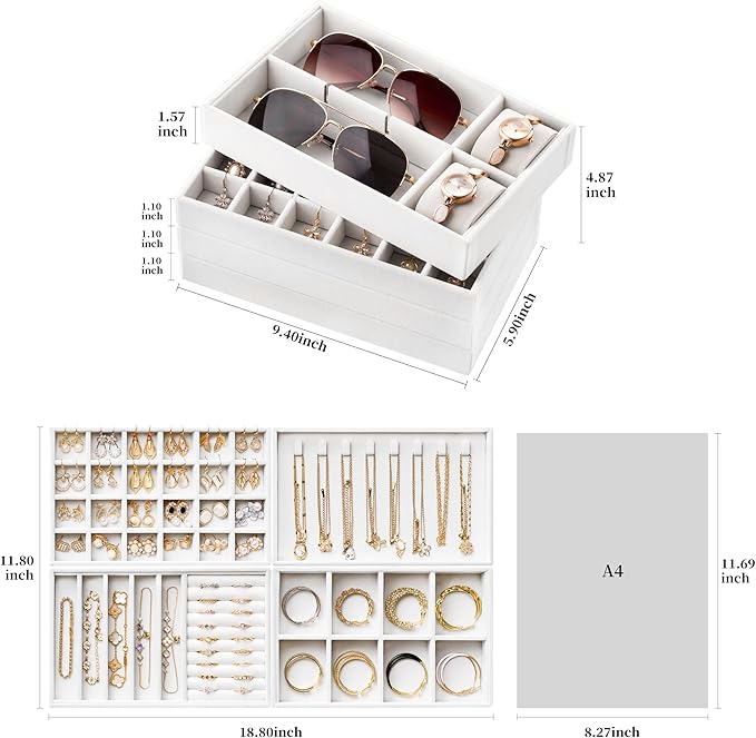 Velvet Jewelry Drawer Organizer Trays – White Stackable Jewelry Storage Inserts Set, 4-Layer Jewelry Tray Set for Earrings, R
