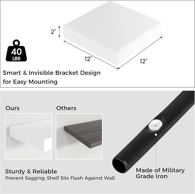 Square Floating Shelves for Wall, 12" W x 12" D x 2" H, 2 Pack of Small Wall Mounted Engineered Wood Shelves with Invisible B