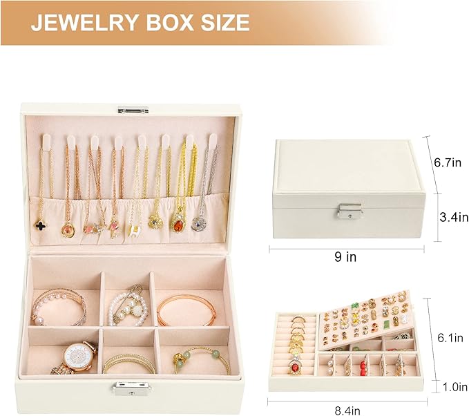 Jewelry Box Organizer for Women Girls 2 Layer Leather Travel Jewelry Storage Case with Lock and Removable Tray for Necklace E