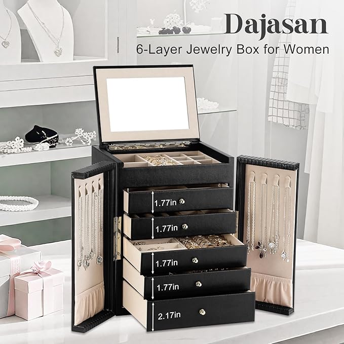 Dajasan Large Jewelry Organizer Box with 5 Drawers, Jewelry Box for Women, 6-Tier Jewelry Storage Organizer with Mirror for N
