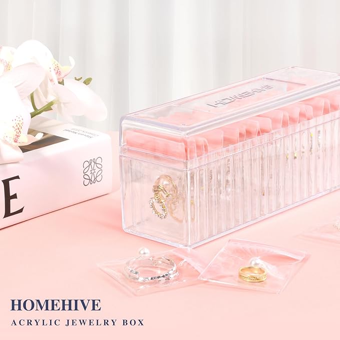 HOMEHIVE Acrylic Jewelry Box Organizer, Clear Jewelry Organizer Holder with 20 Portable Anti Tarnish Jewelry bags, Travel Jew