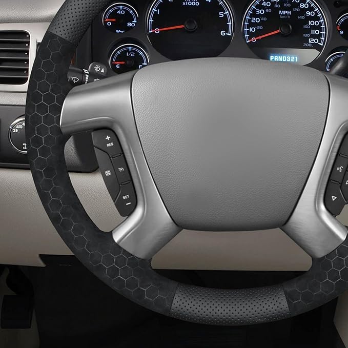 MEWANT Hand Stitch Steering Wheel Cover for Chevy Silverado 1500 Avalanche Real Leather Embossed Athsuede Steering Wrap