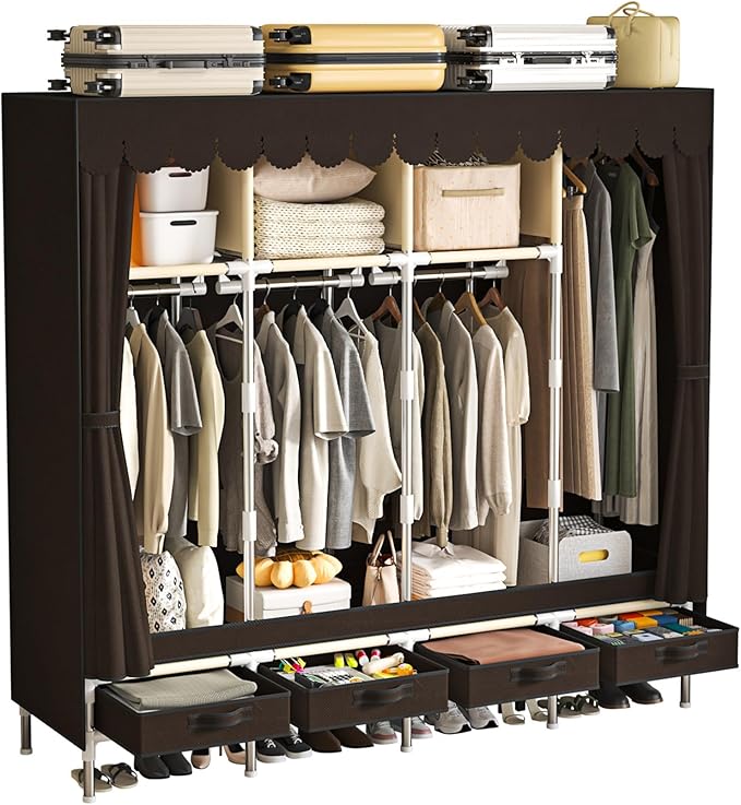 Portable Wardrobe with 4 Drawers, 4 Hanging Rods - 67" Tall Sweater Organizer, Sturdy Easy Temporary Bedroom Wardrobe Organiz
