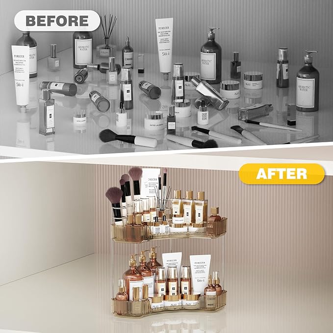 Asayuee 2-Tier Corner Bathroom Counter Organizer with Top Toothbrush Holders,Large Makeup Organizer Countertop with Brush Hol