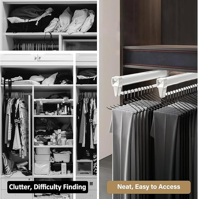 Adjustable Pull Out Hanger Rail Rod - Pull Out Clothes Rail,Extendable Closet Rod for Pants Clothing Storage,Wardrobe Adjusta