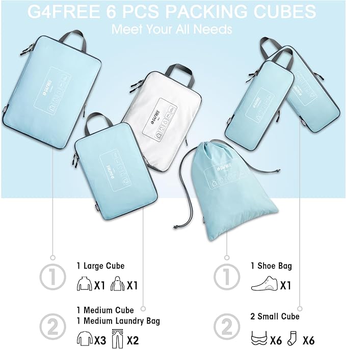G4Free 6 Set Compression Packing Cubes, 3 sizes Travel Packing Organizers for Suitcases, Expandable Luggage Suitcase Storage 