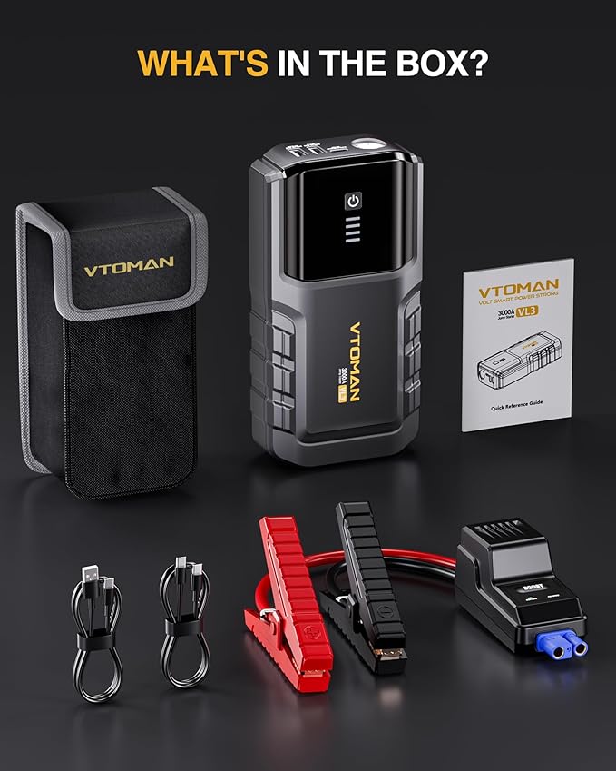 VTOMAN VL3 Jump Starter Upgraded with LiFePO4 Battery, 3000A Portable Car Battery Booster for Up to 7.0L Gas and 5.0L Diesel Engines, 12V Jump Box with LED Flashlight, Jumper Cable, Storage Bag