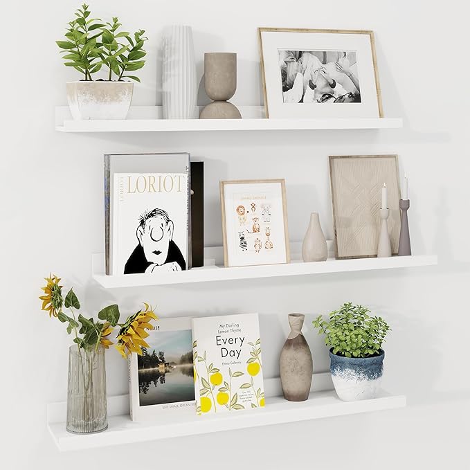 Axeman 30 Inch Floating Shelves | White Picture Ledge Shelf Set of 3 | Rustic Wood Wall Shelves with Lip | 30" White Picture 
