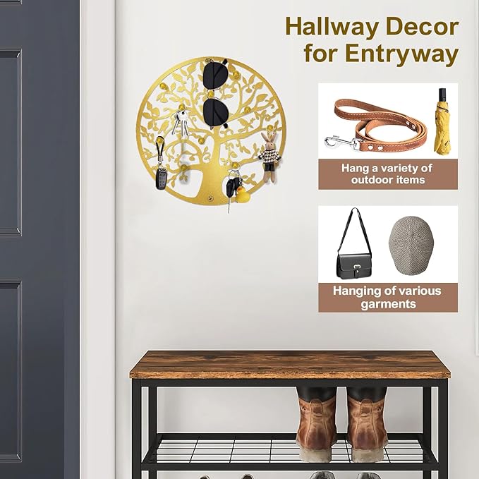 Round Decorative Home Key Holder Wall Mount, Metal Tree Car Key Rack for Wall Organizer for Keys, Wallets, Hats, Used for Dec