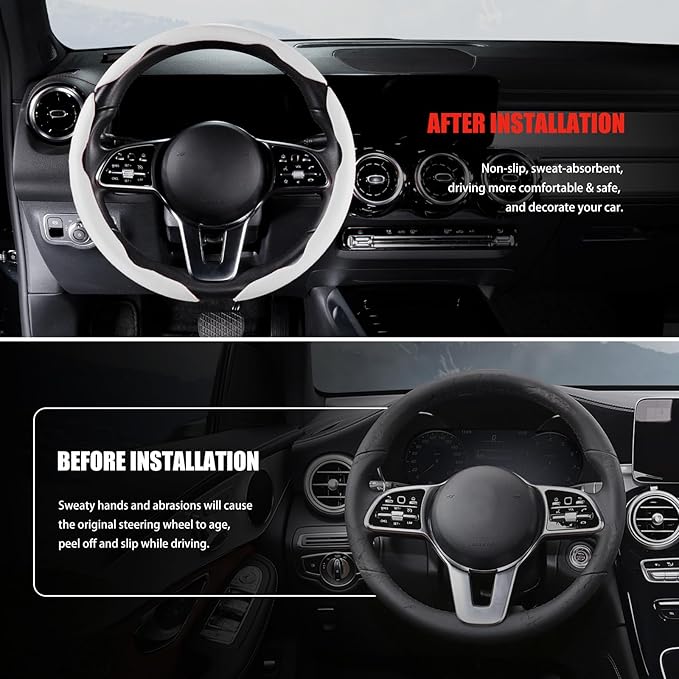 Nappa Leather Car Steering Wheel Cover for Men Women, Ultra-Thin Non-Slip Breathable Microfibre, Universal for 14.5"-15" Stee