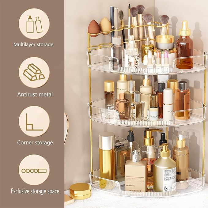 FELIZHOUSE 3-Tier Makeup Organizer for Vanity & Bathroom Countertop – Acrylic Storage Shelf with Perfume Tray & Makeup Brush 