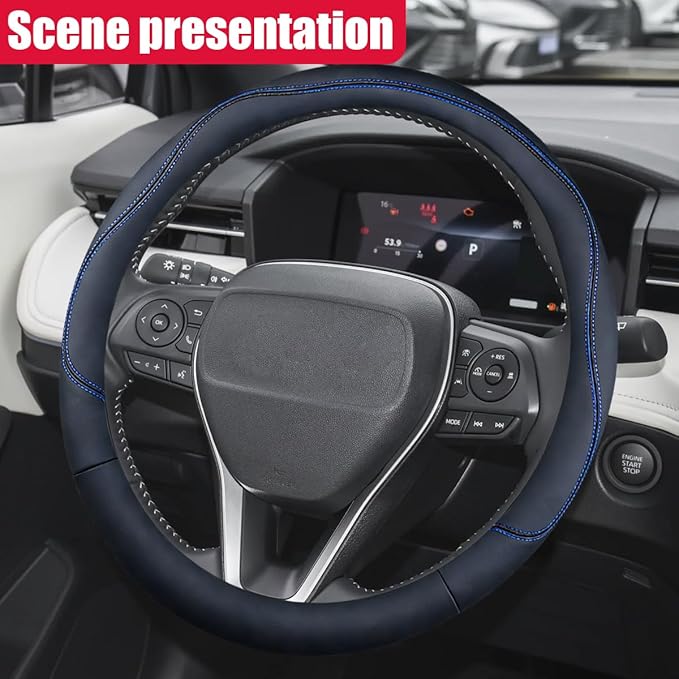 Craedli 14.5-15 Inch Leather Car Steering Wheel Cover, Non-Slip Breathable Auto Steering Wheel Protector Cover, Universal Veh