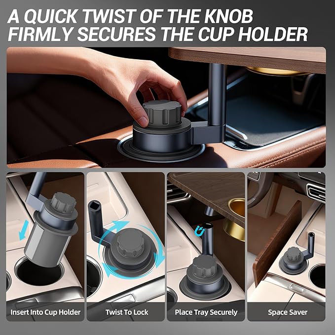 Car Cup Holder Tray Desk, 360° Rotating Black Walnut Solid Wood Food Car Table - Steering Wheel Tray Road Trip Essentials Accessories for Tesla Model Y/3/S, Ford F150 Most Vehicles