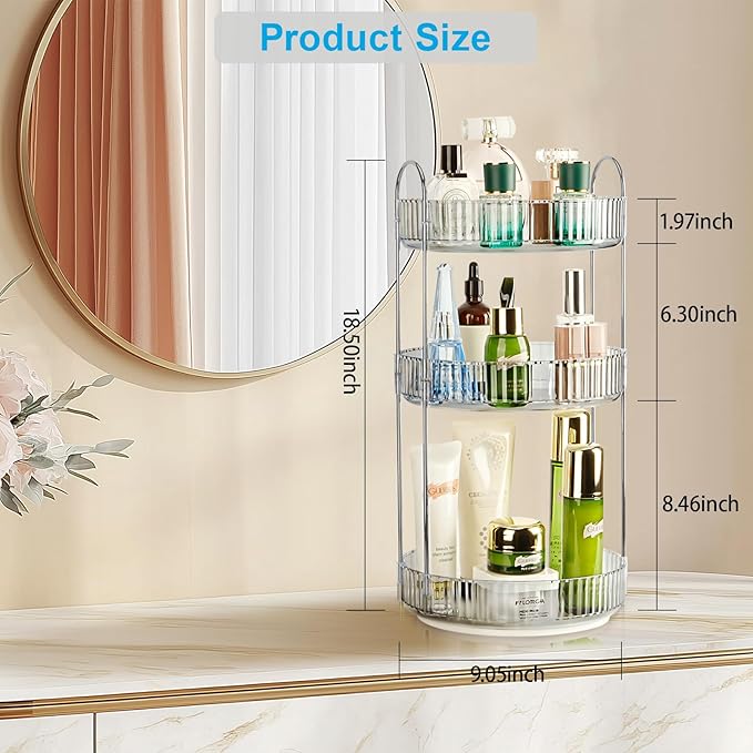 360 Rotating Makeup Organizer, 3 Tier Large Capacity Lazy Susan Bathroom Counter Organizer, Skincare Organizers, Spinning Per