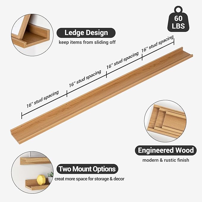 Axeman 72 Inch Floating Shelves | Oak Picture Ledge Shelf Set of 3 | Rustic Wood Wall Shelves with Lip | 72" Oak Picture Shel
