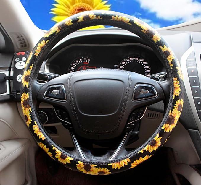 Dotesy Leather Flowers Car Steering Wheel Cover, Fashion Floral Steering Wheel Protector Universal for 36-38cm Anti Slip Auto
