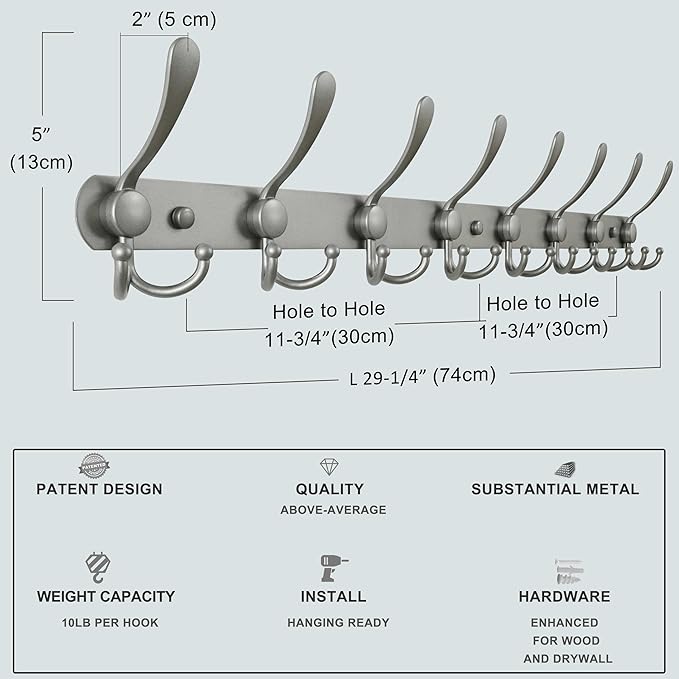 Dseap Coat Rack Wall Mount - 29.5” Long 8-Tri-Hooks Heavy Duty Coat Hanger Rail Wall Hooks for Hanging Coats Hats Clothing Cl