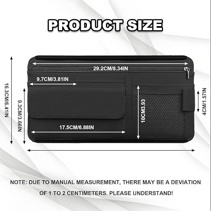 Car Sun Visor Storage Bag, Soft Leather Surface Organizer, Scratch-Resistant Auto Sunshade Organizer Bag, Can Store ID Card, Eyeglasses, Pen, Driving License etc (Black)