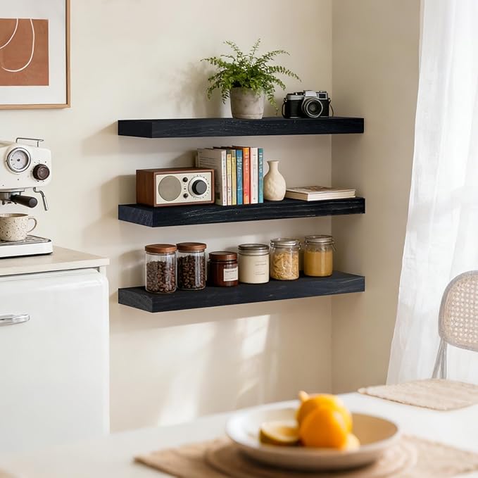 Floating Wall Shelves 24x6.8x1.7 Inch – Solid Wood Rustic Shelves in Black Finish – Wall Mounted Display Shelf for Bathroom, 