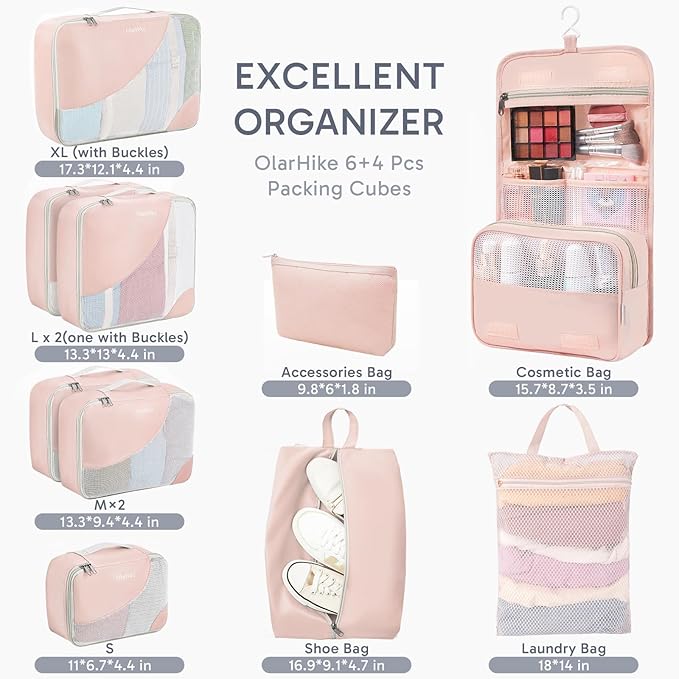 10 Set Packing Cubes for Travel, Gifts for Women Mom,Anti-Tearing Suitcase Organizer for Luggage with Shoe & Hanging Toiletry