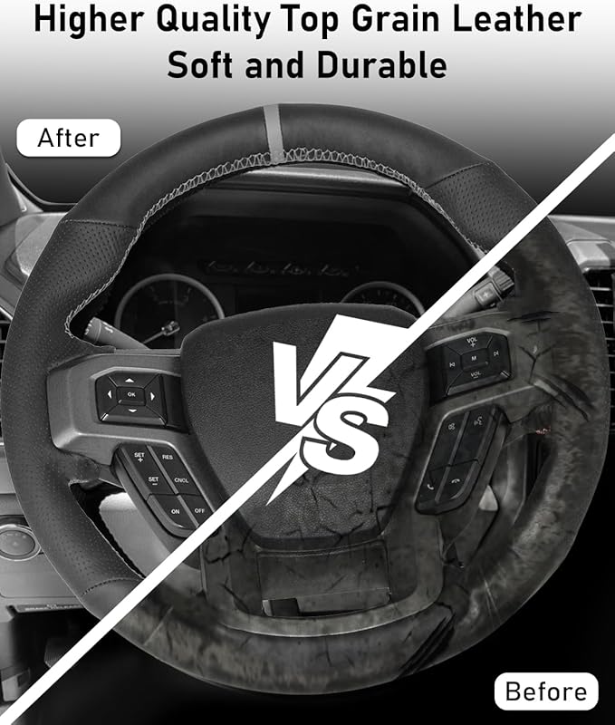 Belinous Leather Steering Wheel Cover Lace Up, Hand-Stitch on Wrap, Steering Wrap Compatible with Ford F-150 F250 King Ranch/Lariat/XL/XLT/Limited/Platinum/Police Responder 2015-2020 (Gray)