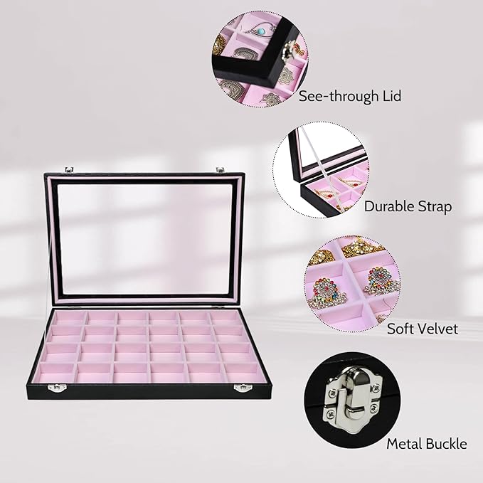 Stratalife Earring Organizer Velvet Jewelry Organizer Box Jewelry Display Storage Tray Ring Case with Clasp for Women 24 Grid