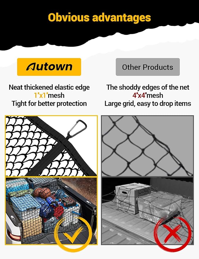AUTOWN Cargo Net for Pickup Truck Bed - Stretchable 4'x4' to 7'x7', High Elastic Fine Mesh 1''x1'' with 8 Metal Carabiners - Ideal for ATV, SUV, UTV, Truck and Boat Use (Single Layer)