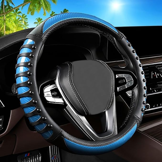 Car Leather Steering Wheel Cover - Carbon Fibre Material, Universal 14.5-15 Inch Leather Anti-Slip Breathable Auto Steering W