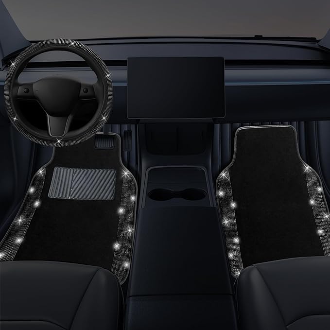 NBTEPEM Bling Car Floor Mats Full Set and Steering Wheel Cover, Universal Fit Most Cars, 4 pcs Sparkle Glitter Diamond Carpet, 5 pcs Bling Car Accessories Set for Women (Black Diamond)