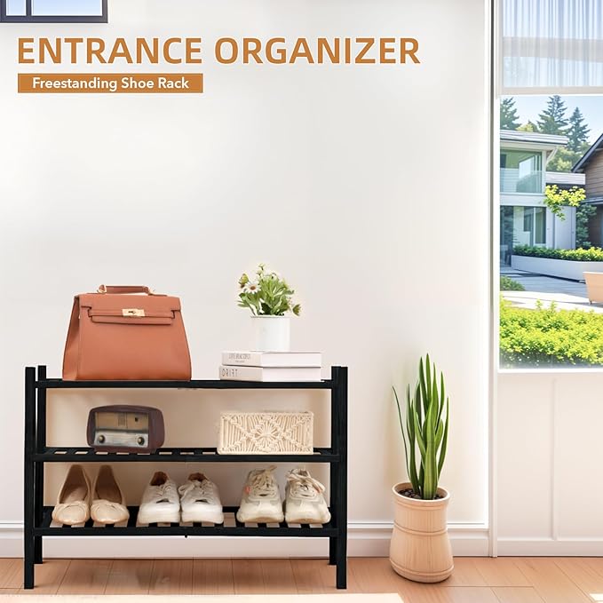 3 Tier Bamboo Shoe Rack Storage Organizer for Closet, Multifunctional Stackable Free Standing Shoe Shelf Organizer for Small 