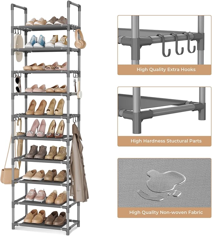 VTRIN 10 Tiers Tall Shoe Rack Holds 20-25 Pairs of Shoes Sturdy Vertical Shoe Organizer with 18pcs Hooks Stackable Narrow Sho